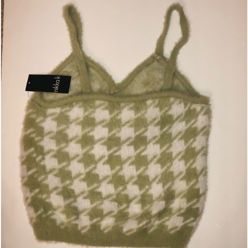 NWT Nikka K Y2K Fuzzy Houndstooth Spaghetti Cropped Tank Top Size L Sage Gr/Wht - Picture 7 of 11